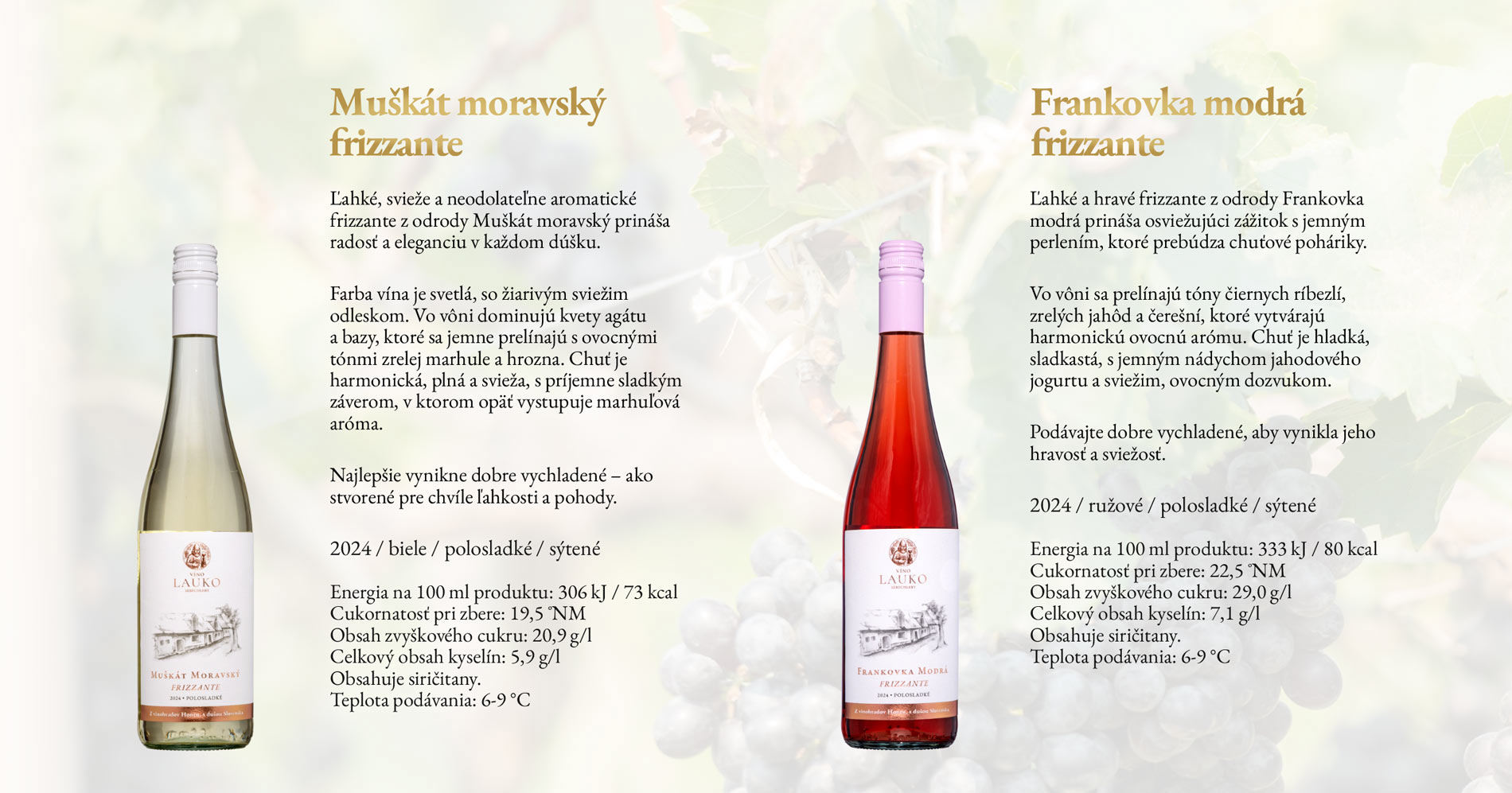 Muškát moravský frizzante 2024 – biele polosladké sýtené víno s kvetmi agátu a marhuľovou arómou, a Frankovka modrá frizzante 2024 – ružové polosladké sýtené víno s tónmi ríbezlí a jahôd. Víno Lauko Sebechleby.